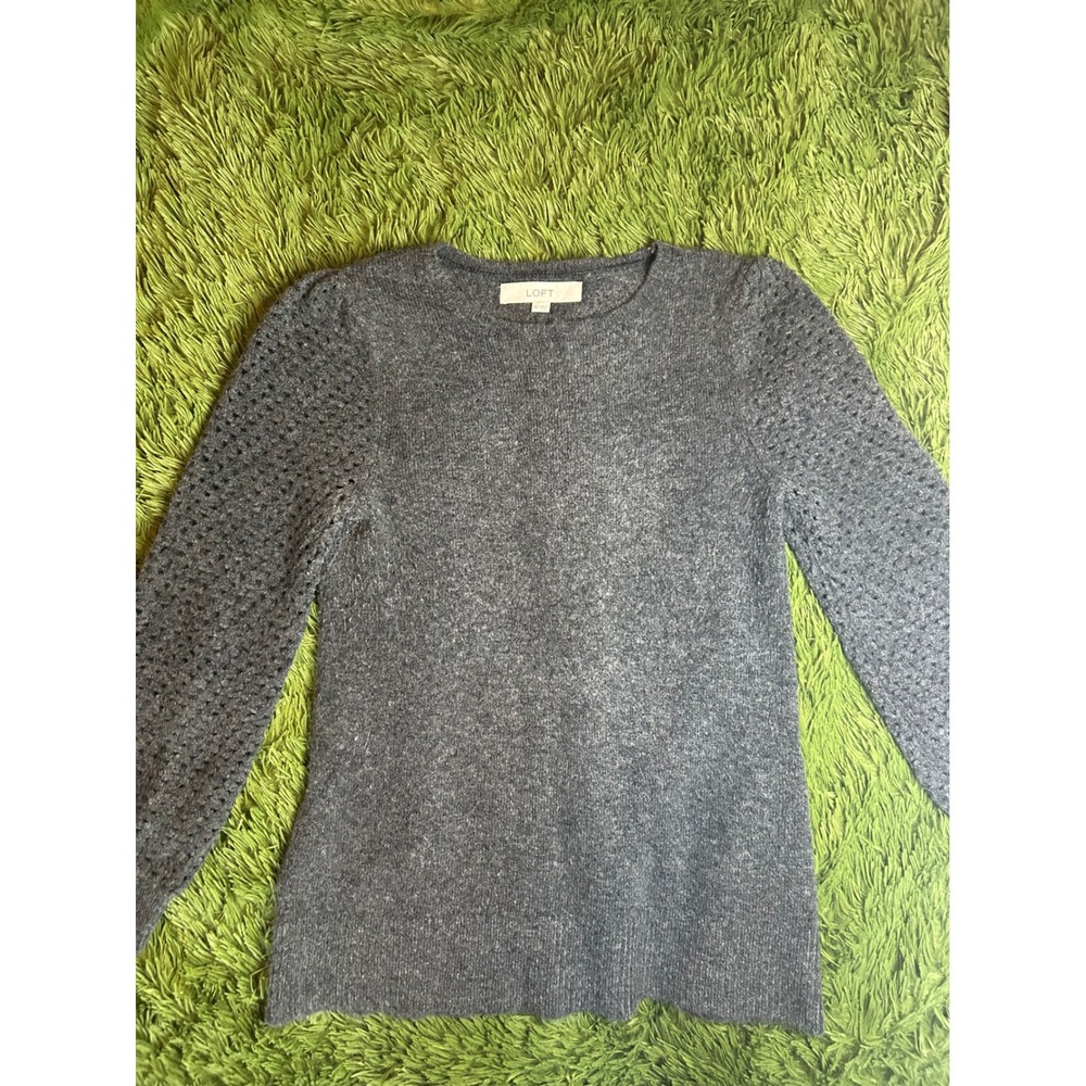 LOFT Sweater Women XS Gray Pointelle Puff Sleeve Crew Neck Casual Knit Top